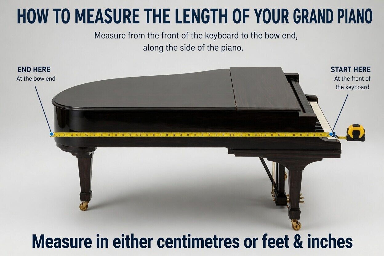 Diagram showing how to measure the length of a grand piano from the keyboard to the tail