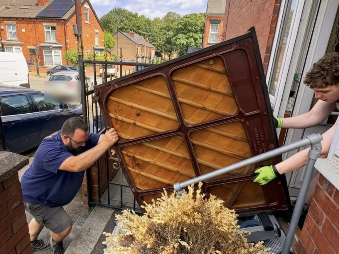 Piano being carried out of a terraced house and down steps for disposal in Castleford
