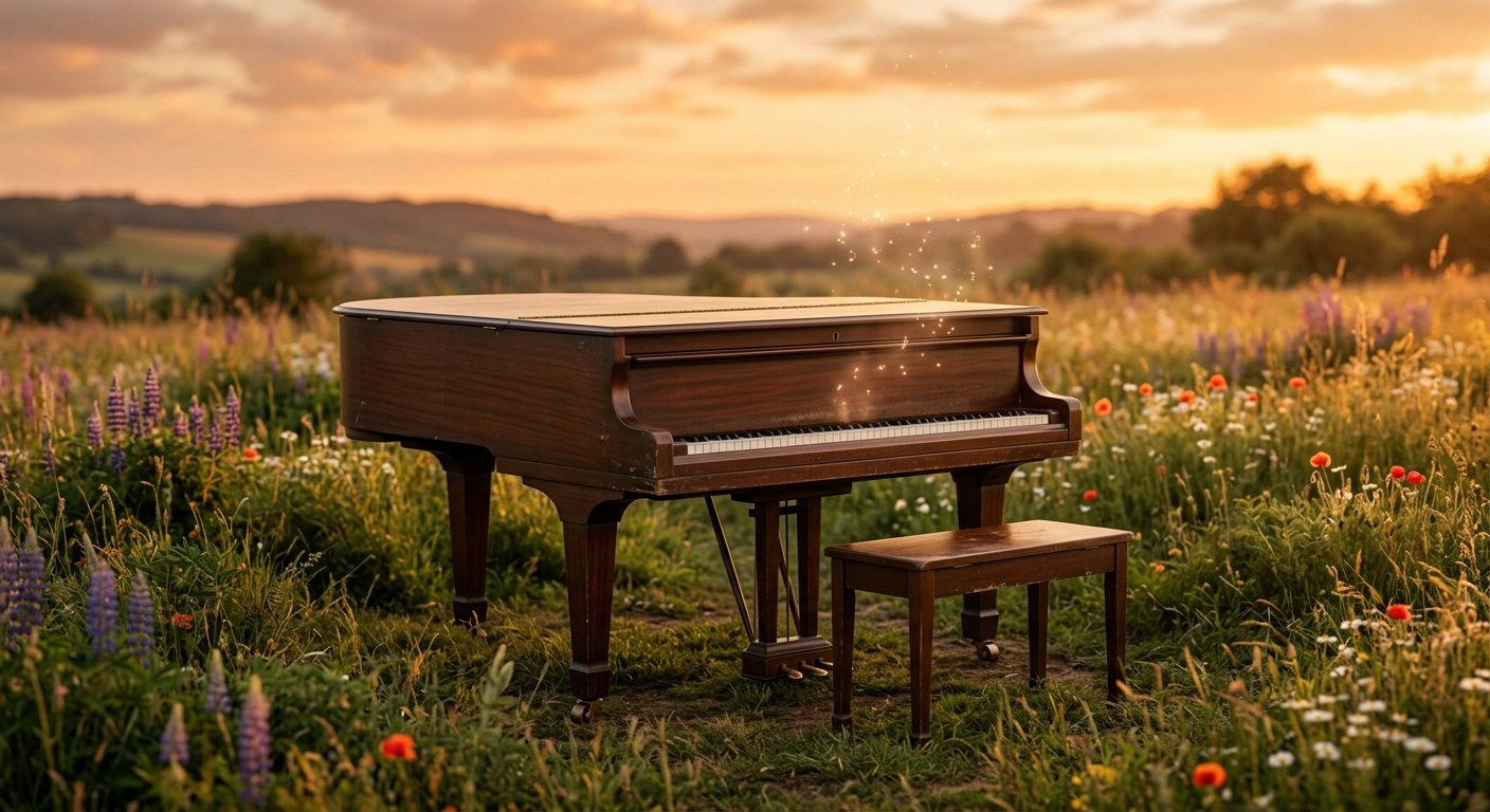 AI-generated image of a mahogany grand piano and stool standing in a summer meadow of wildflowers at sunset