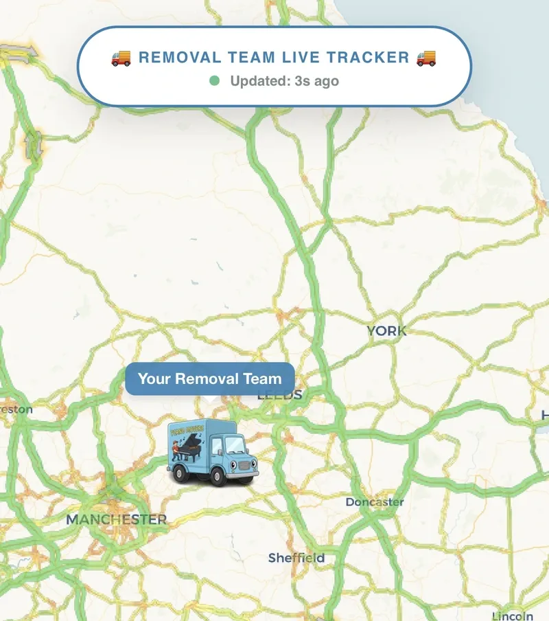 Live tracker map showing the Yorkshire Piano Logistics van on its way to a customer with an estimated arrival time