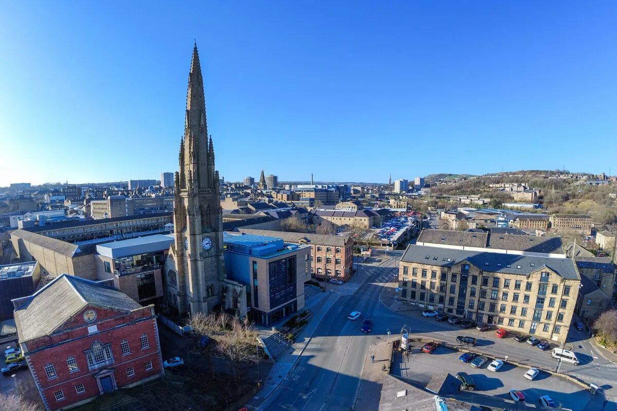 Halifax town centre with the Square Church spire, seen from above