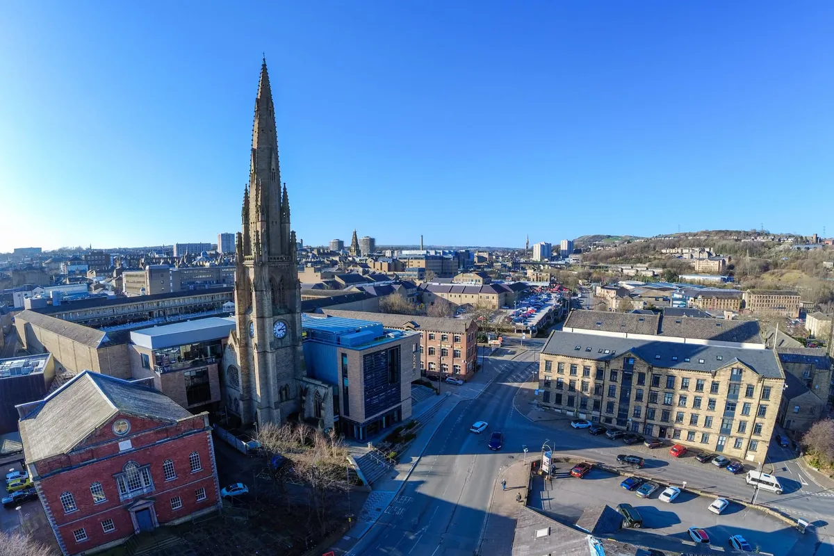 Halifax town centre with the Square Church spire, seen from above