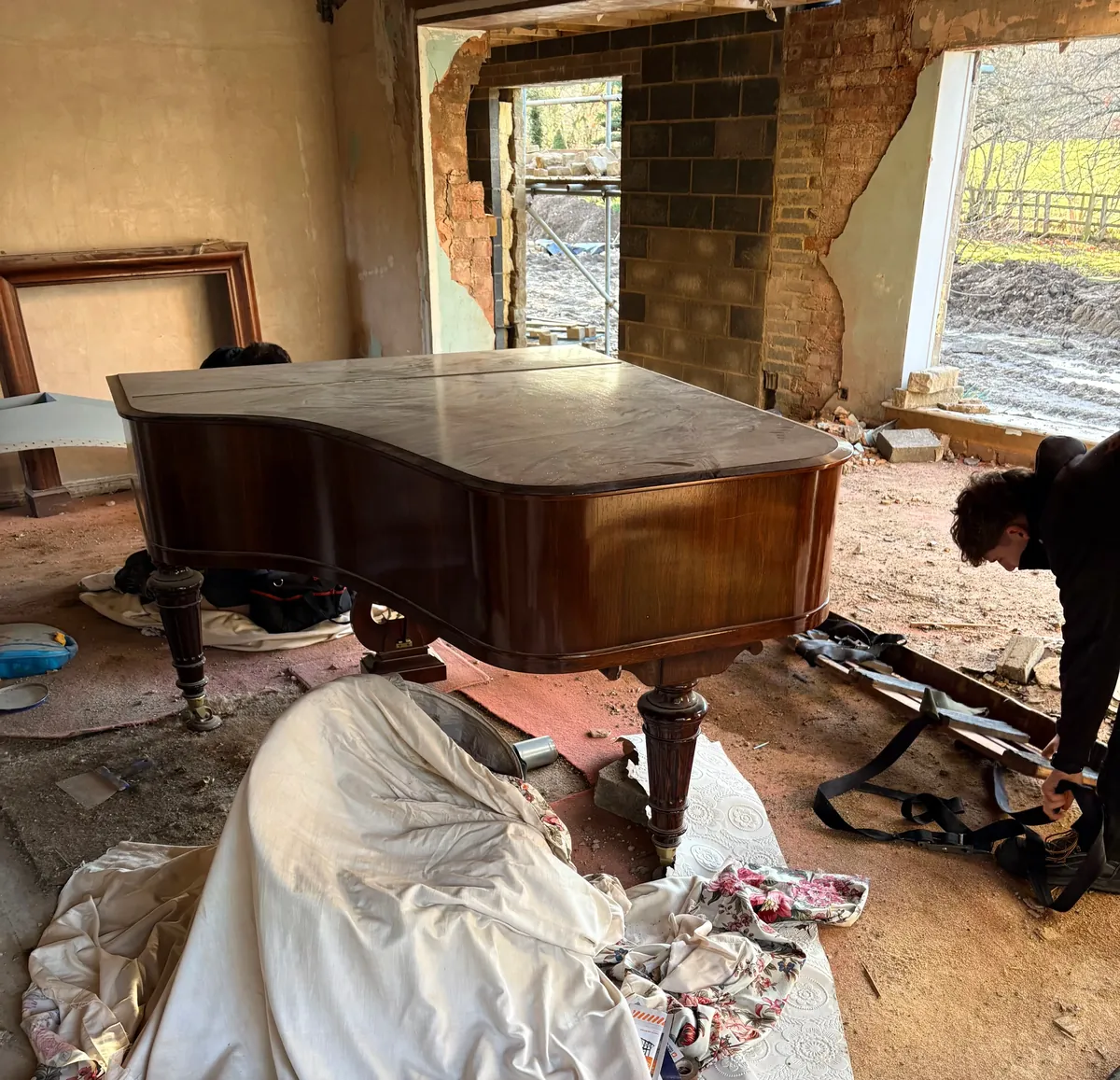 Grand piano recovered from a derelict house in Yorkshire