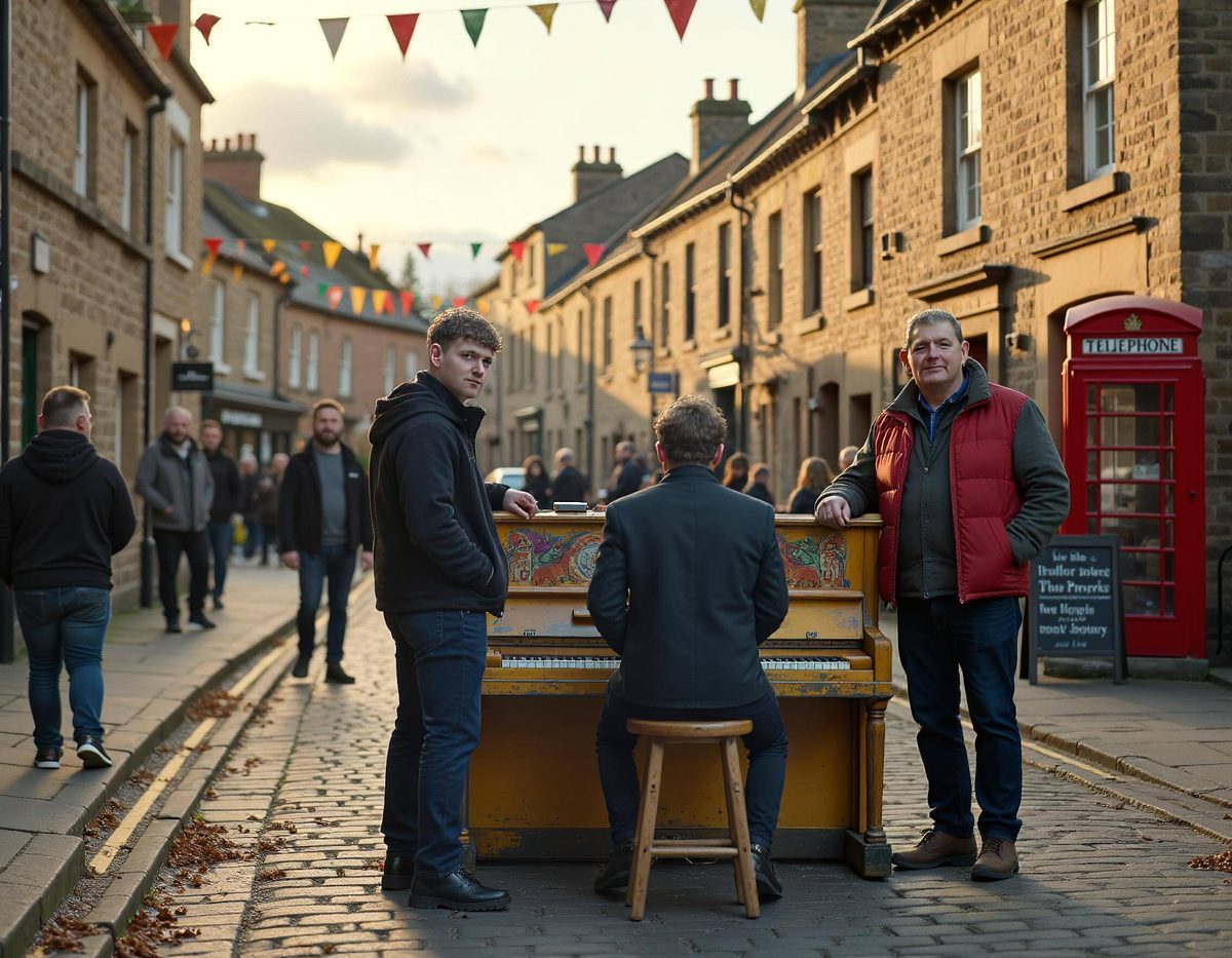 Two movers carrying a grand piano up stone steps outside a Yorkshire theatre